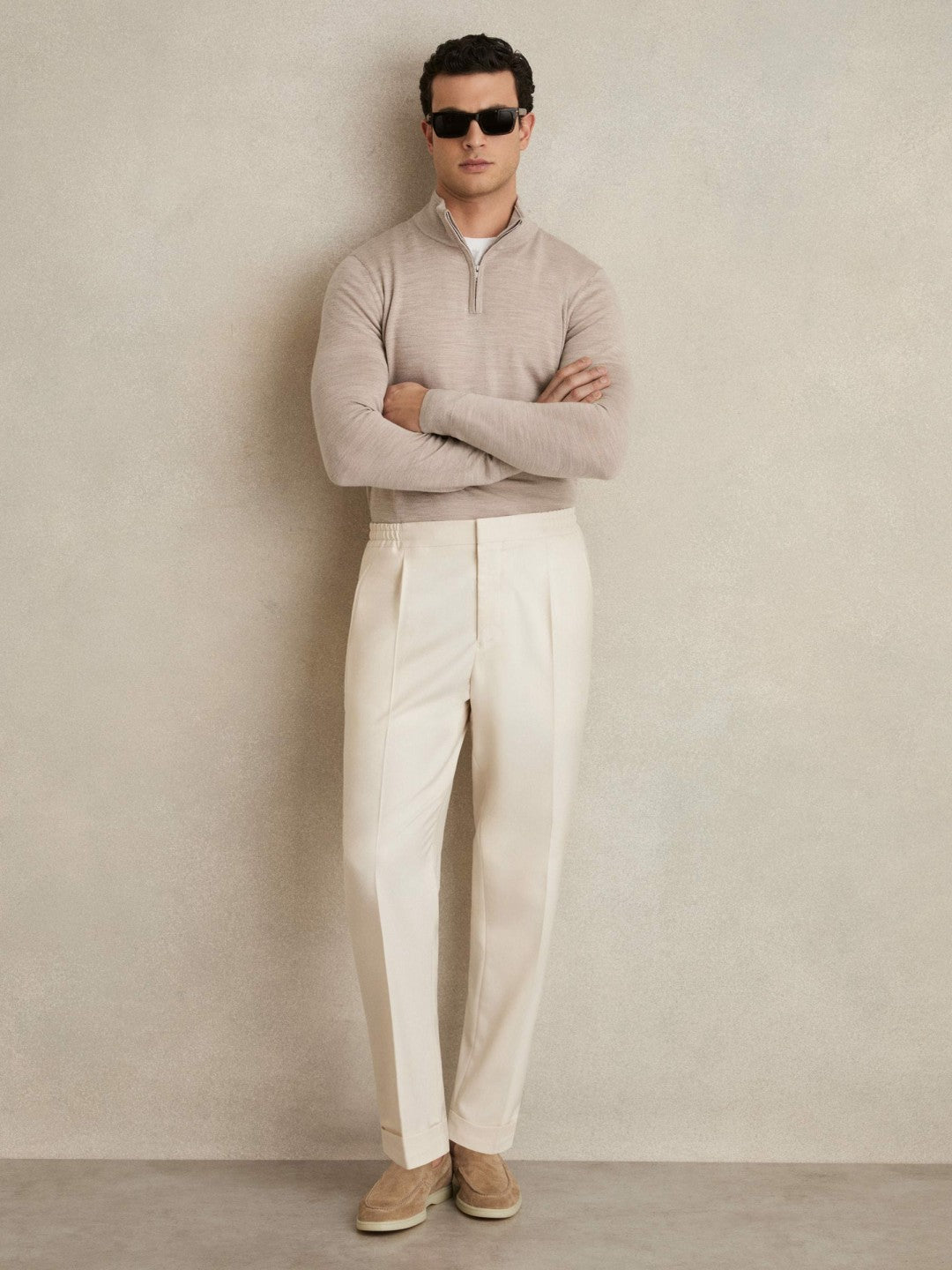Reiss | Merino Wool Half-Zip Jumper in Wheat Melange