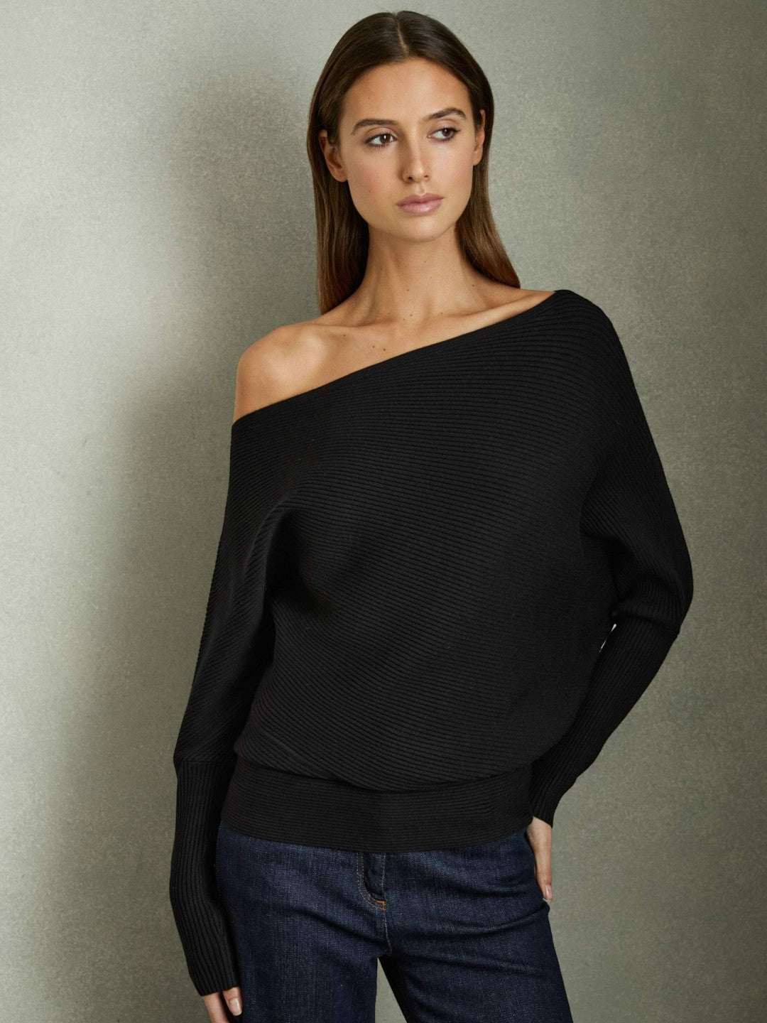 Reiss | Asymmetric Draped Knitted Jumper in Black