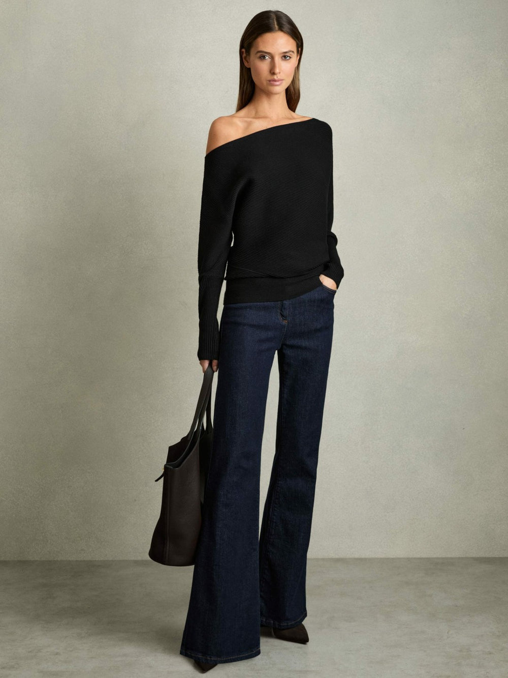 Reiss | Asymmetric Draped Knitted Jumper in Black