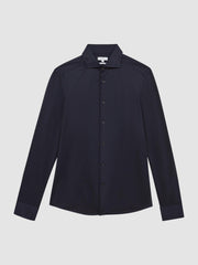 Reiss | Cotton-Blend Jersey Cutaway-Collar Shirt in Navy