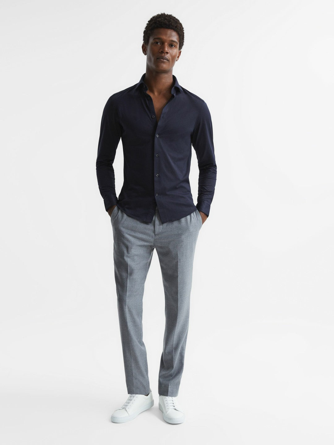 Reiss | Cotton-Blend Jersey Cutaway-Collar Shirt in Navy