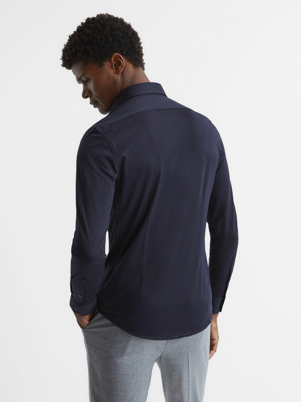 Reiss | Cotton-Blend Jersey Cutaway-Collar Shirt in Navy