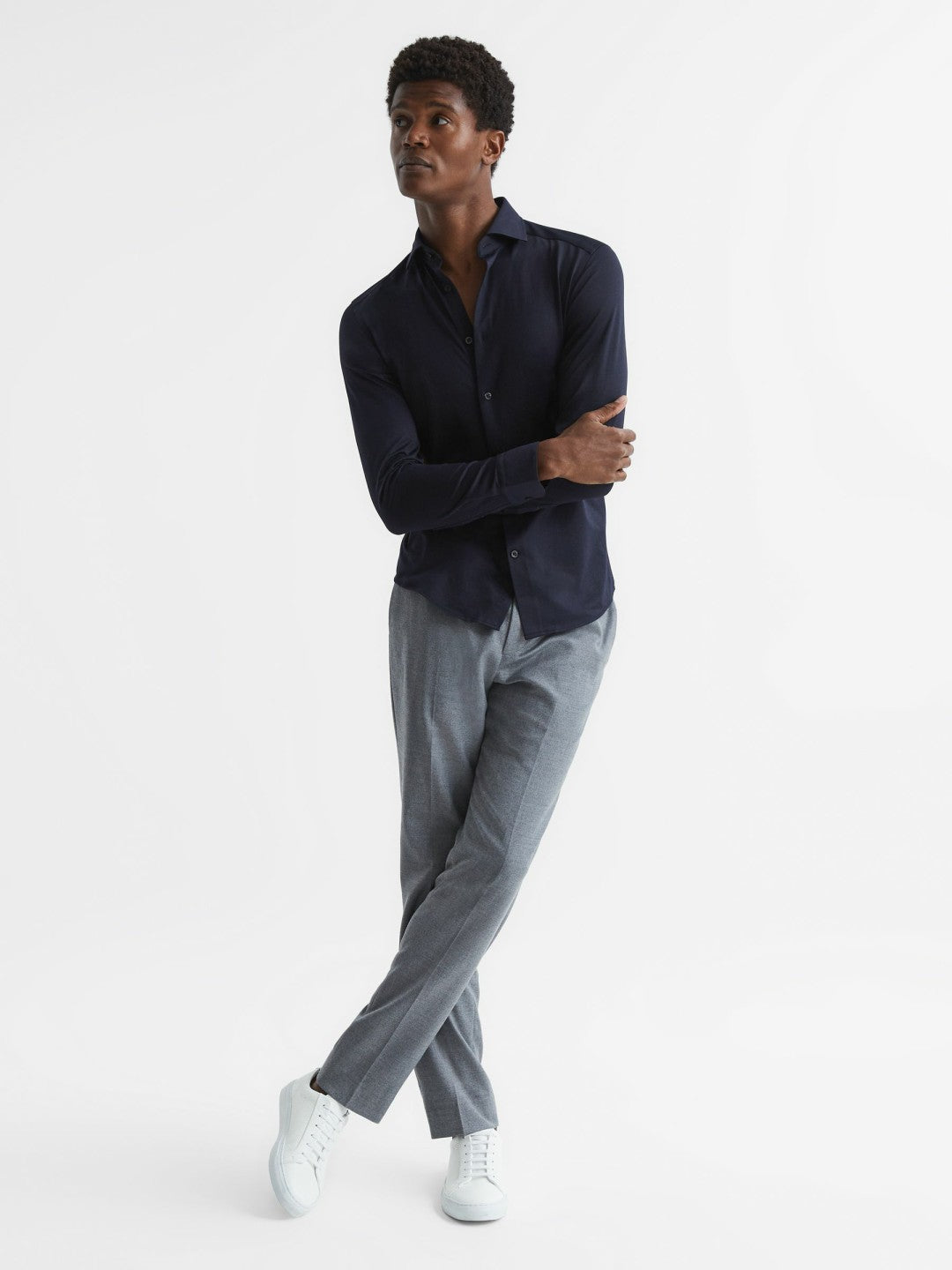 Reiss | Cotton-Blend Jersey Cutaway-Collar Shirt in Navy
