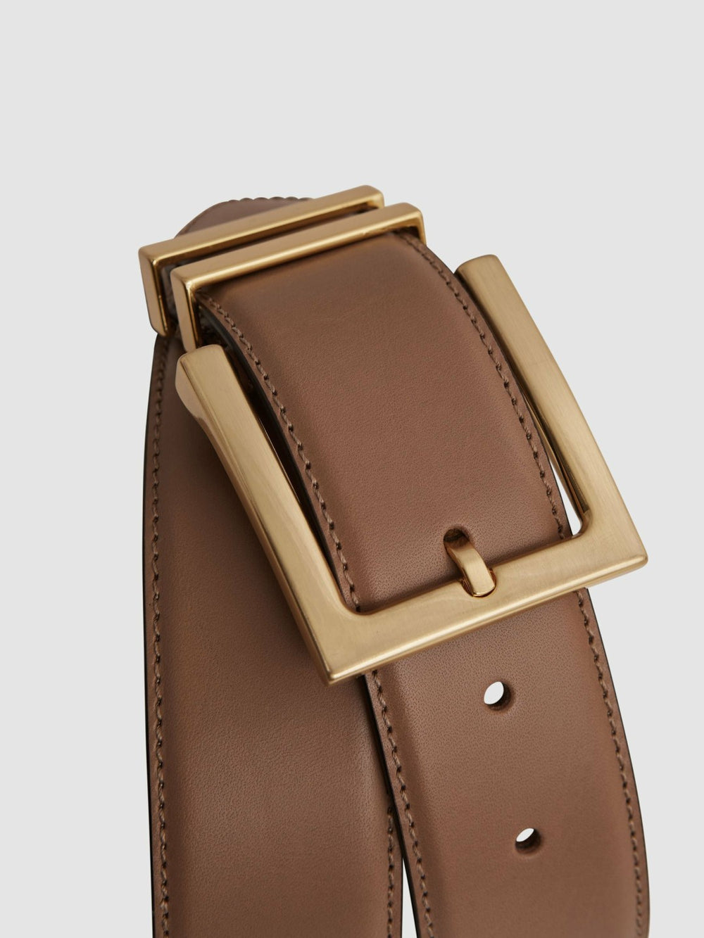 Reiss | Leather Square Buckle Belt in Camel/Taupe