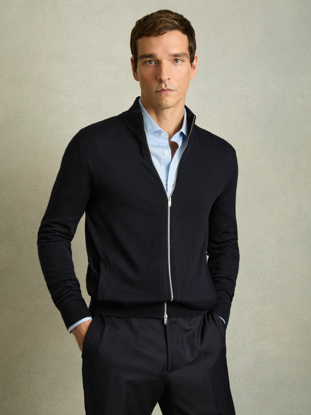 Reiss | Merino Wool Zip-Through Cardigan in Navy