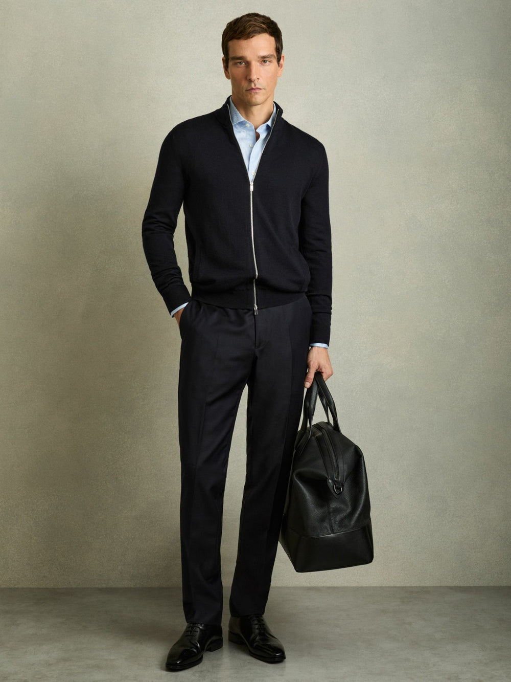 Reiss | Merino Wool Zip-Through Cardigan in Navy