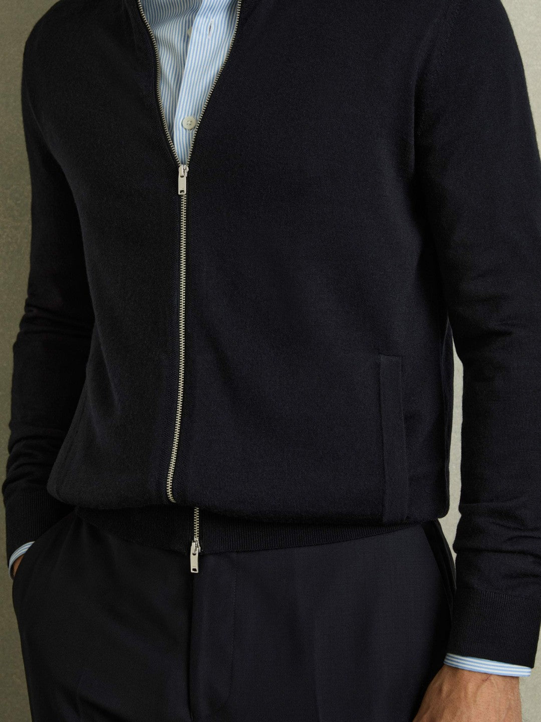 Reiss | Merino Wool Zip-Through Cardigan in Navy