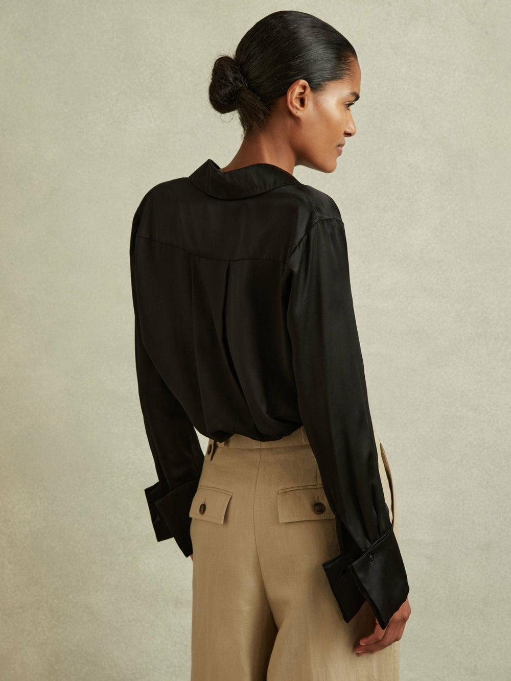 Reiss | Petite Silk Double-Cuff Button-Through Shirt in Black