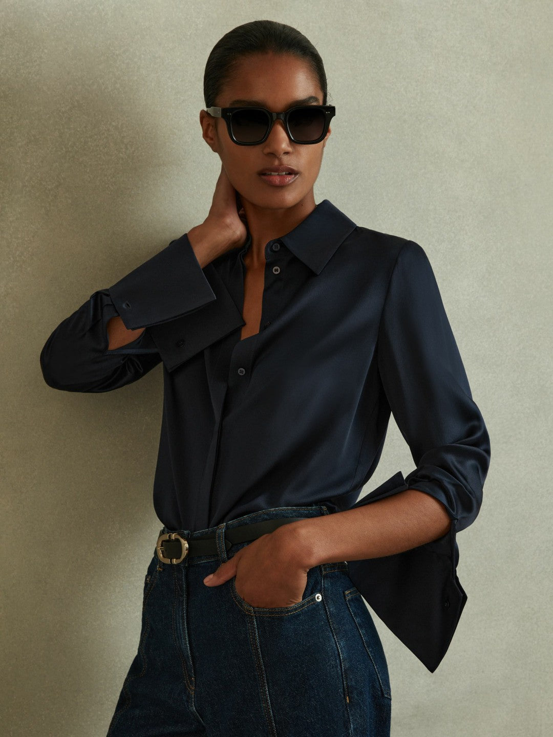 Reiss | Silk Double-Cuff Button-Through Shirt in Navy