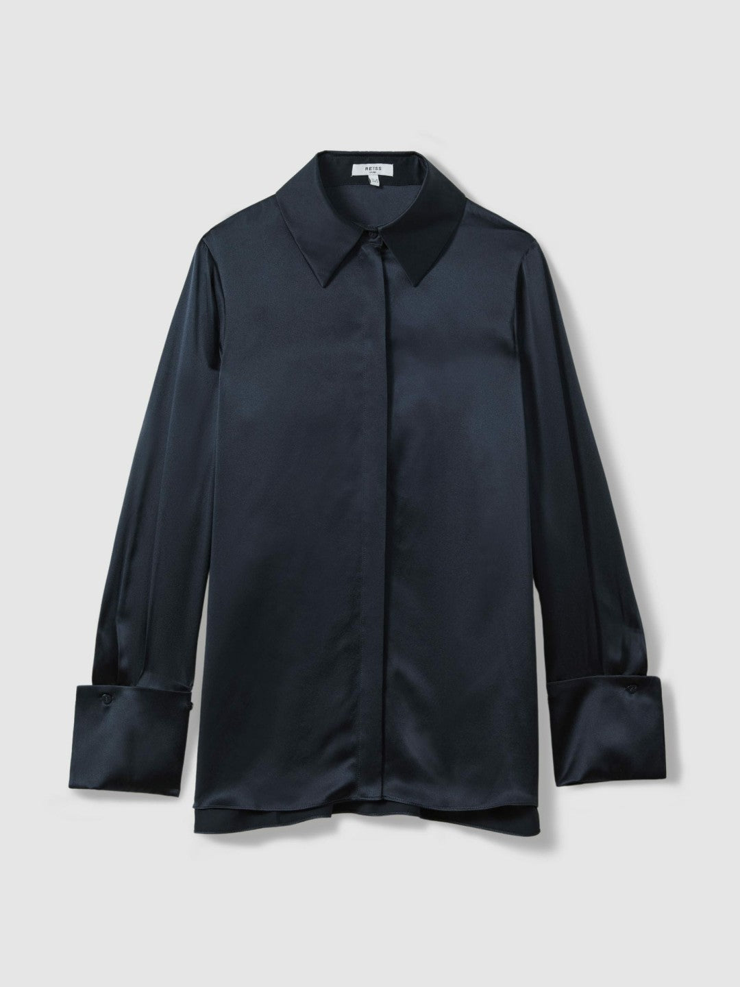 Reiss | Silk Double-Cuff Button-Through Shirt in Navy