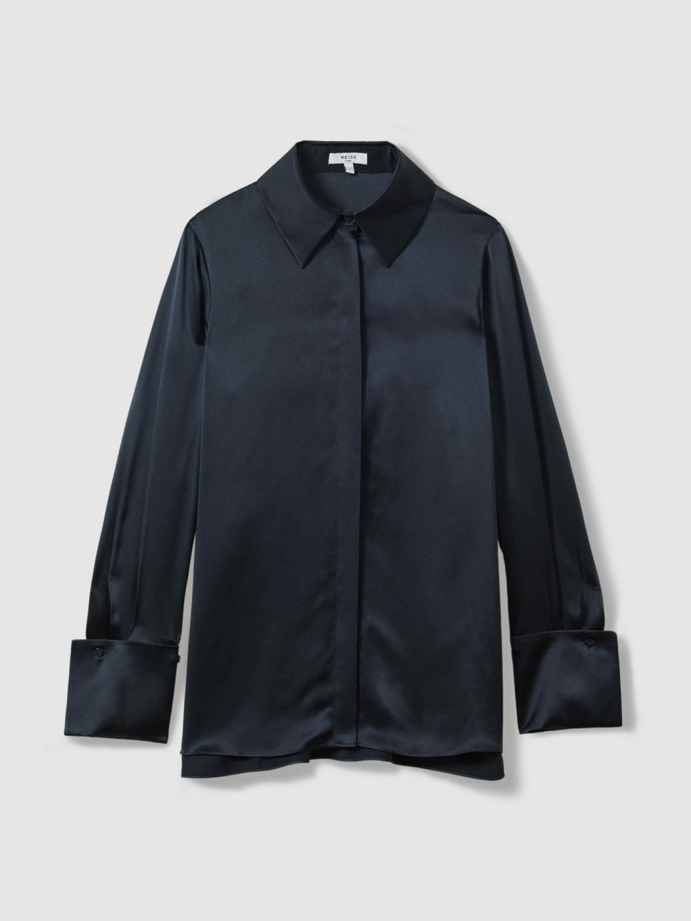 Reiss | Silk Double-Cuff Button-Through Shirt in Navy