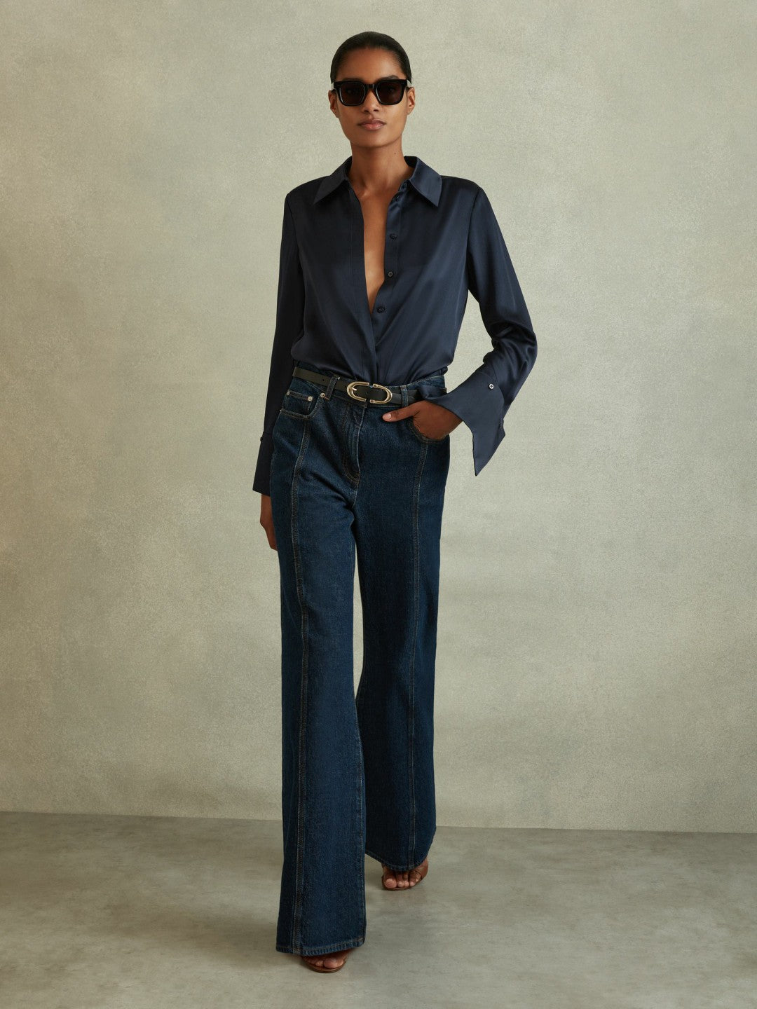 Reiss | Silk Double-Cuff Button-Through Shirt in Navy
