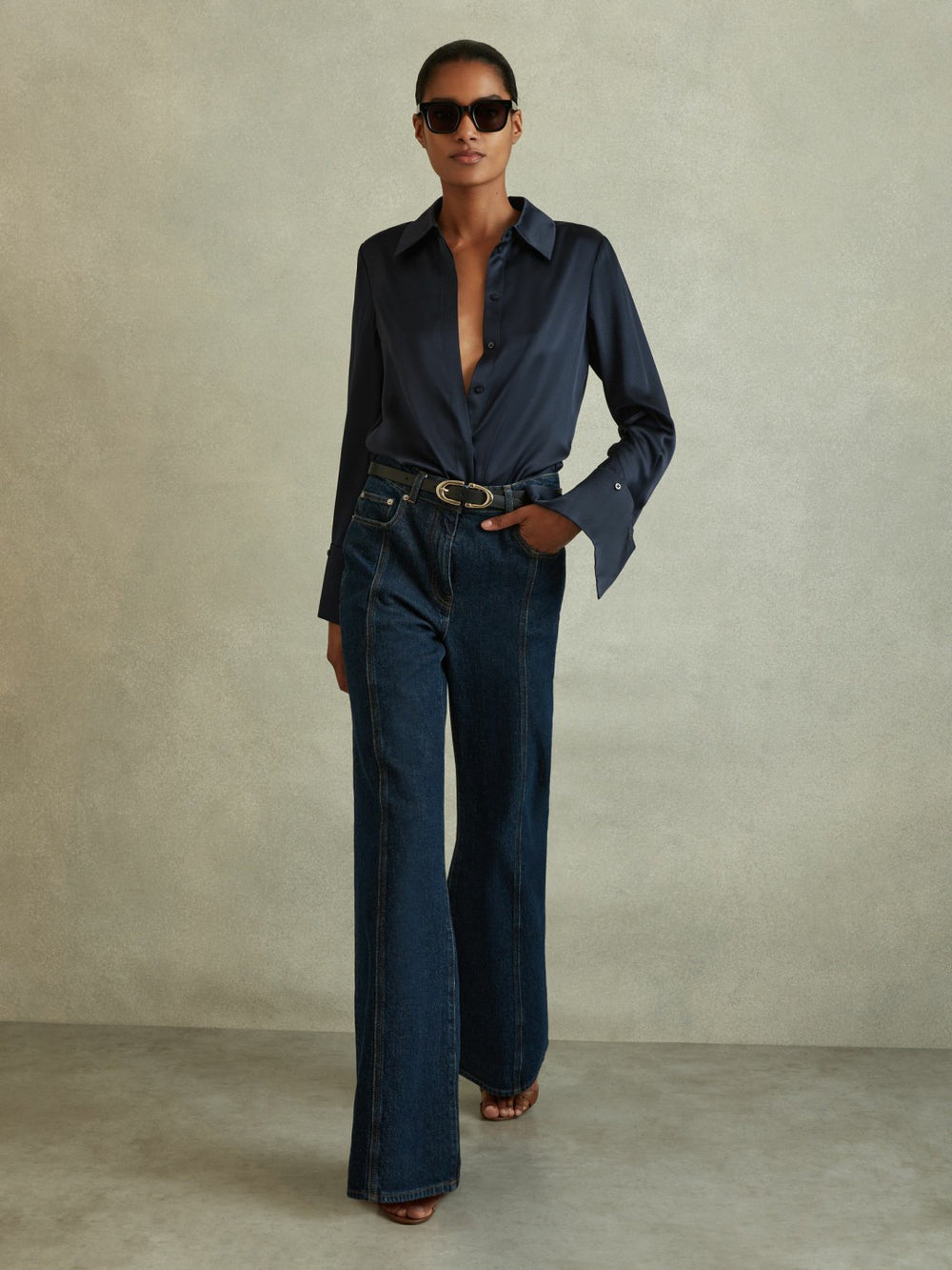Reiss | Silk Double-Cuff Button-Through Shirt in Navy