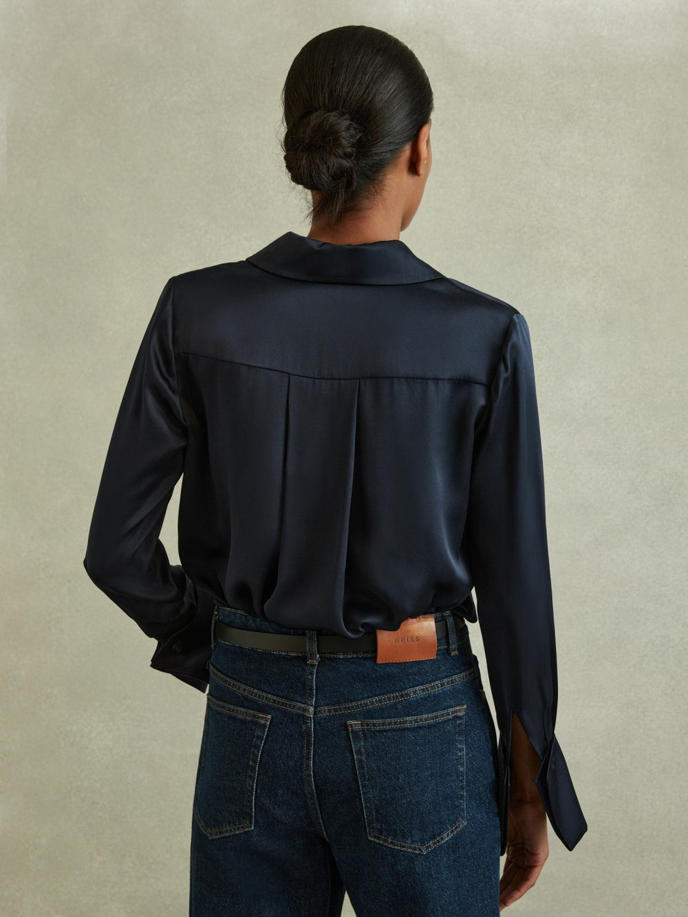Reiss | Silk Double-Cuff Button-Through Shirt in Navy