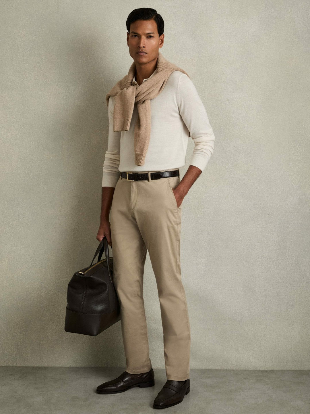 Reiss | Slim Fit Washed Cotton Blend Chinos in Stone