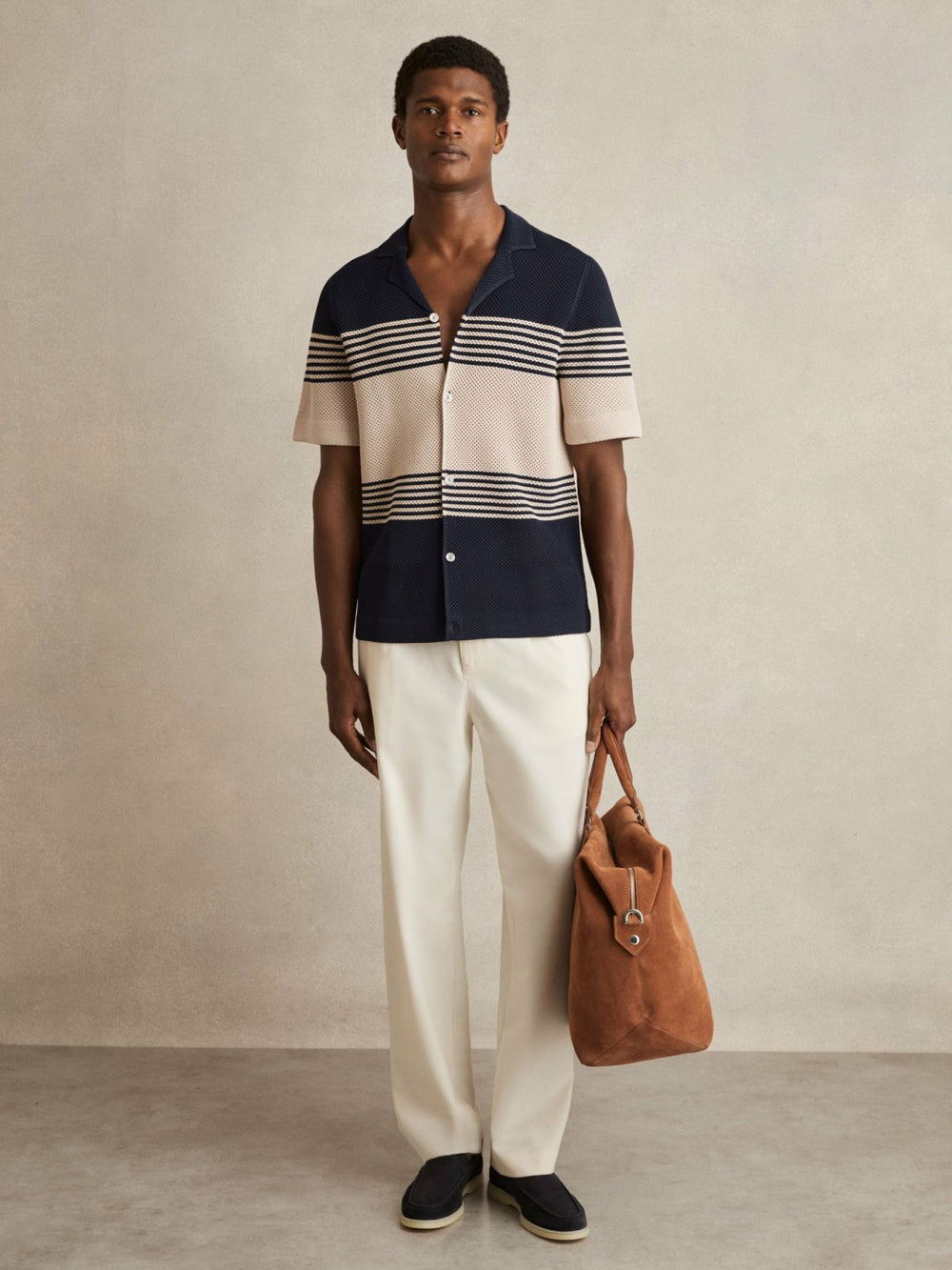 Reiss | Stripe Textured-Knit Cuban-Collar Shirt in Navy/Stone