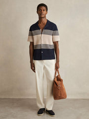 Reiss | Stripe Textured-Knit Cuban-Collar Shirt in Navy/Stone