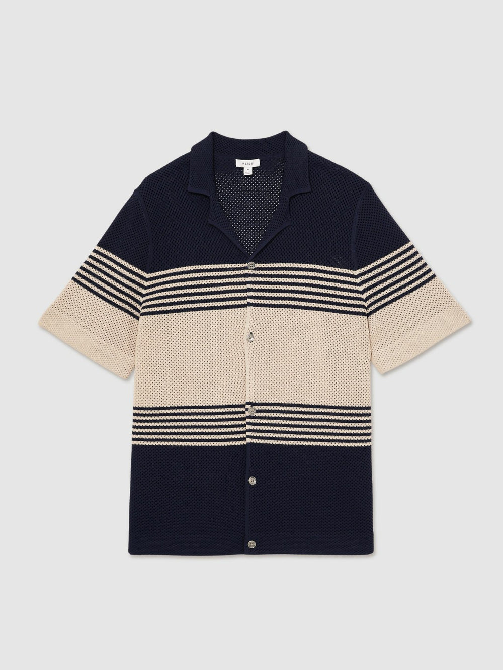Reiss | Stripe Textured-Knit Cuban-Collar Shirt in Navy/Stone