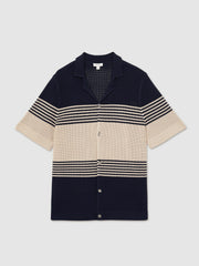 Reiss | Stripe Textured-Knit Cuban-Collar Shirt in Navy/Stone