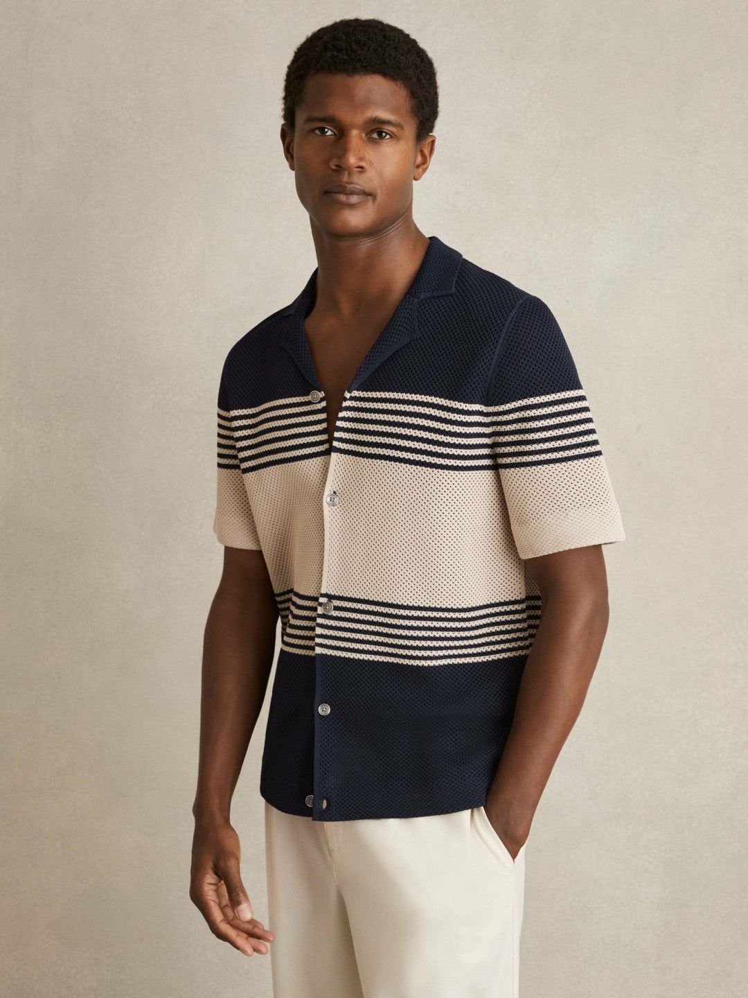 Reiss | Stripe Textured-Knit Cuban-Collar Shirt in Navy/Stone