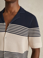 Reiss | Stripe Textured-Knit Cuban-Collar Shirt in Navy/Stone