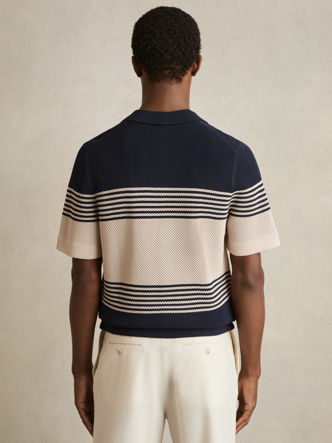 Reiss | Stripe Textured-Knit Cuban-Collar Shirt in Navy/Stone