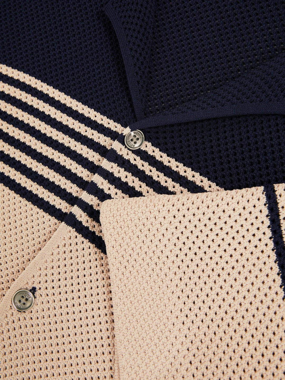 Reiss | Stripe Textured-Knit Cuban-Collar Shirt in Navy/Stone