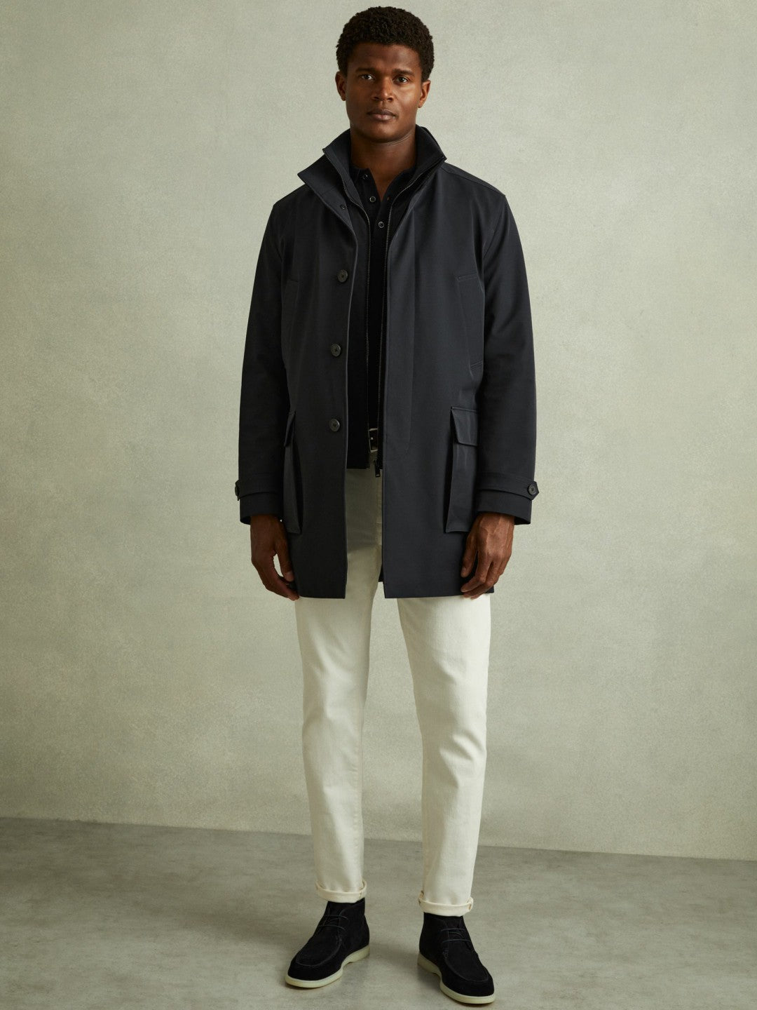 Reiss | Hybrid Removable Funnel Neck Overcoat in Navy