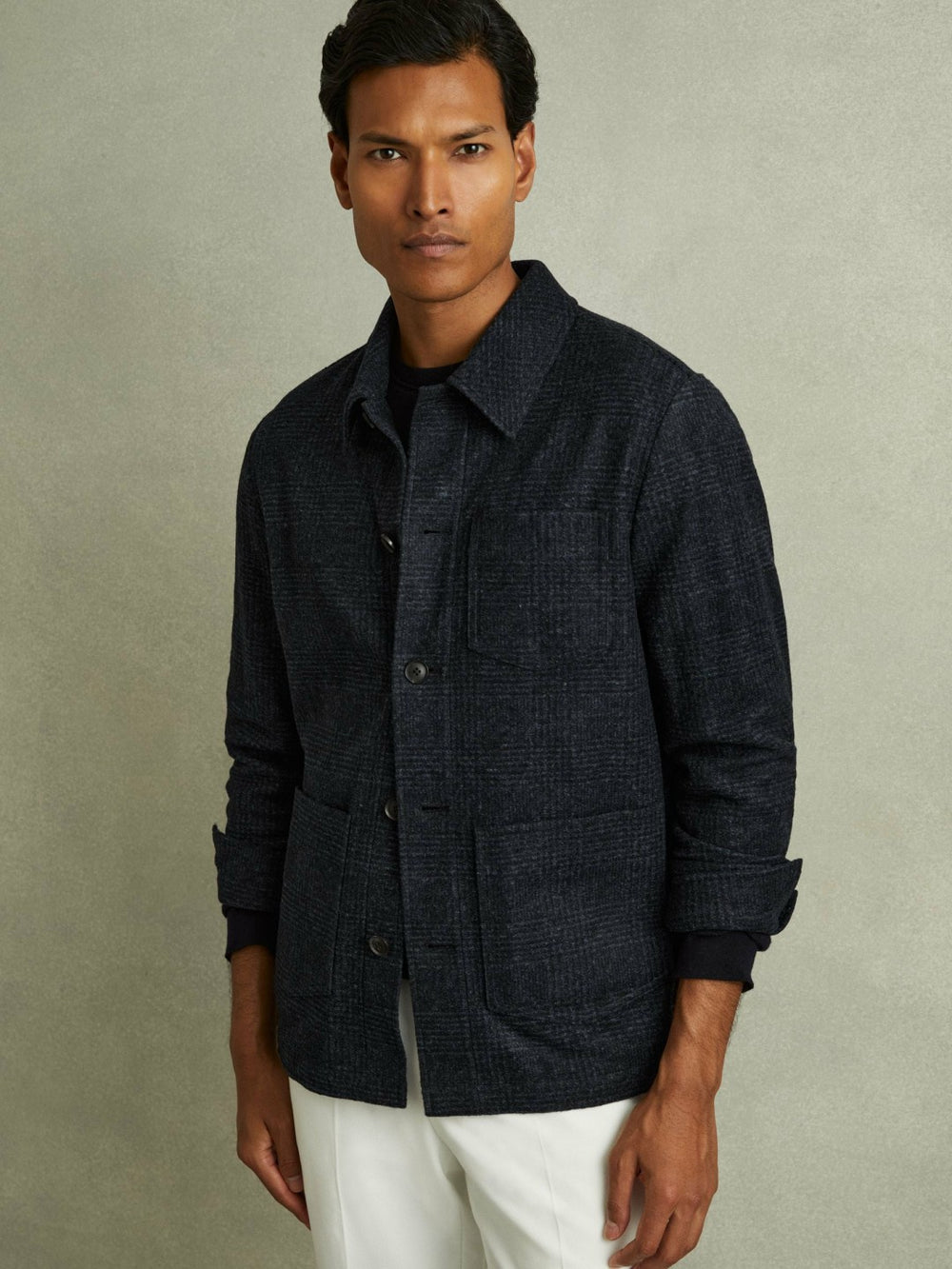 Reiss | Checked Button Through Worker Jacket in Navy Melange