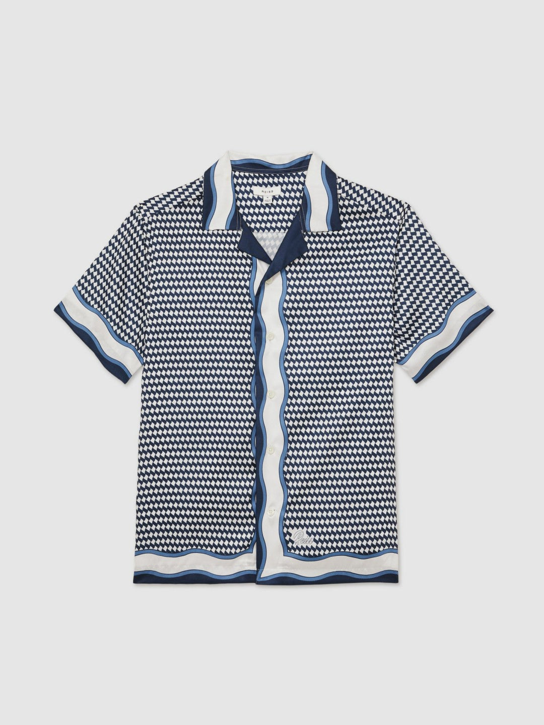 Reiss | Geometric-Print Cuban-Collar Shirt in White/Navy