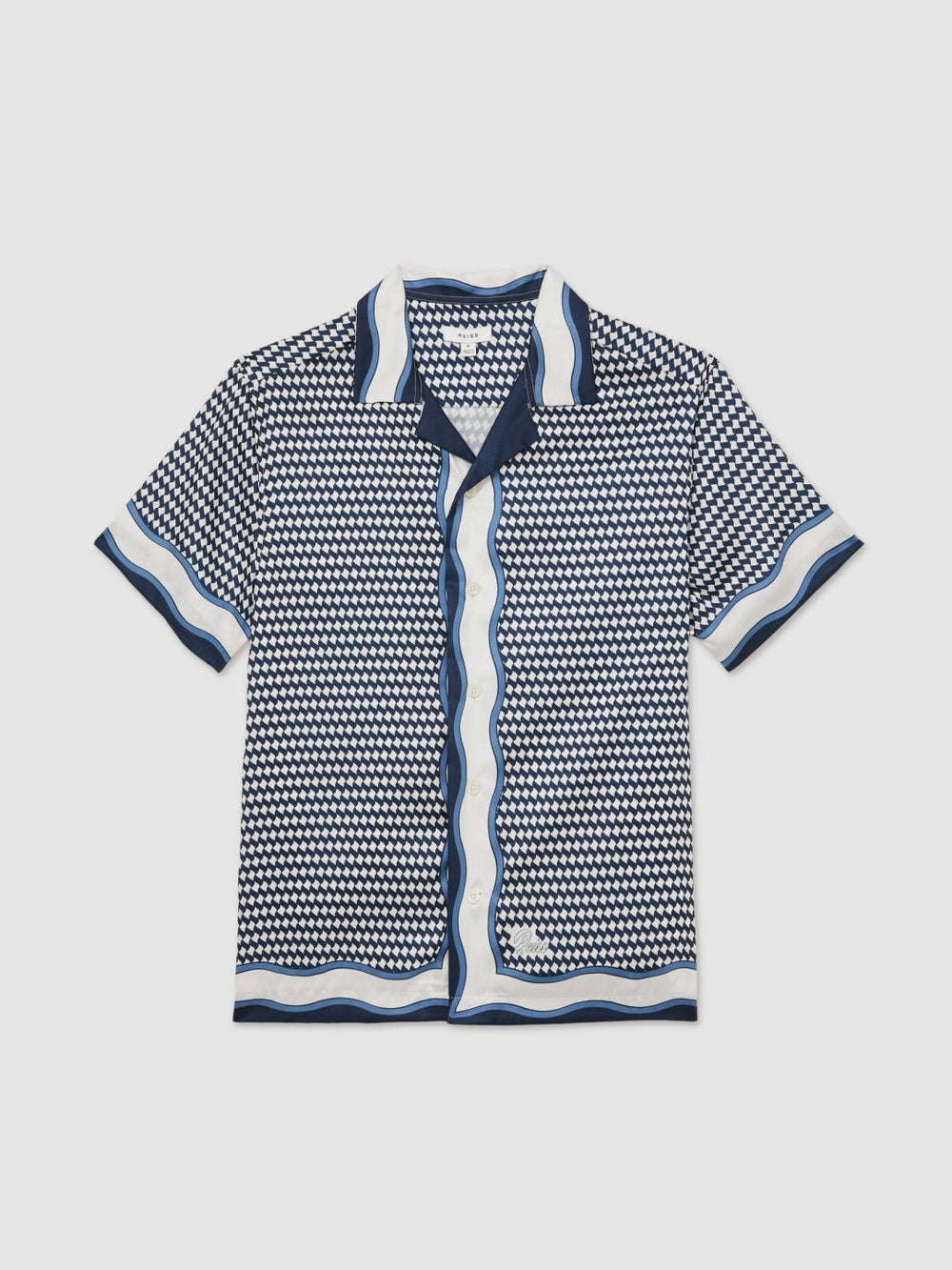 Reiss | Geometric-Print Cuban-Collar Shirt in White/Navy