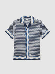 Reiss | Geometric-Print Cuban-Collar Shirt in White/Navy