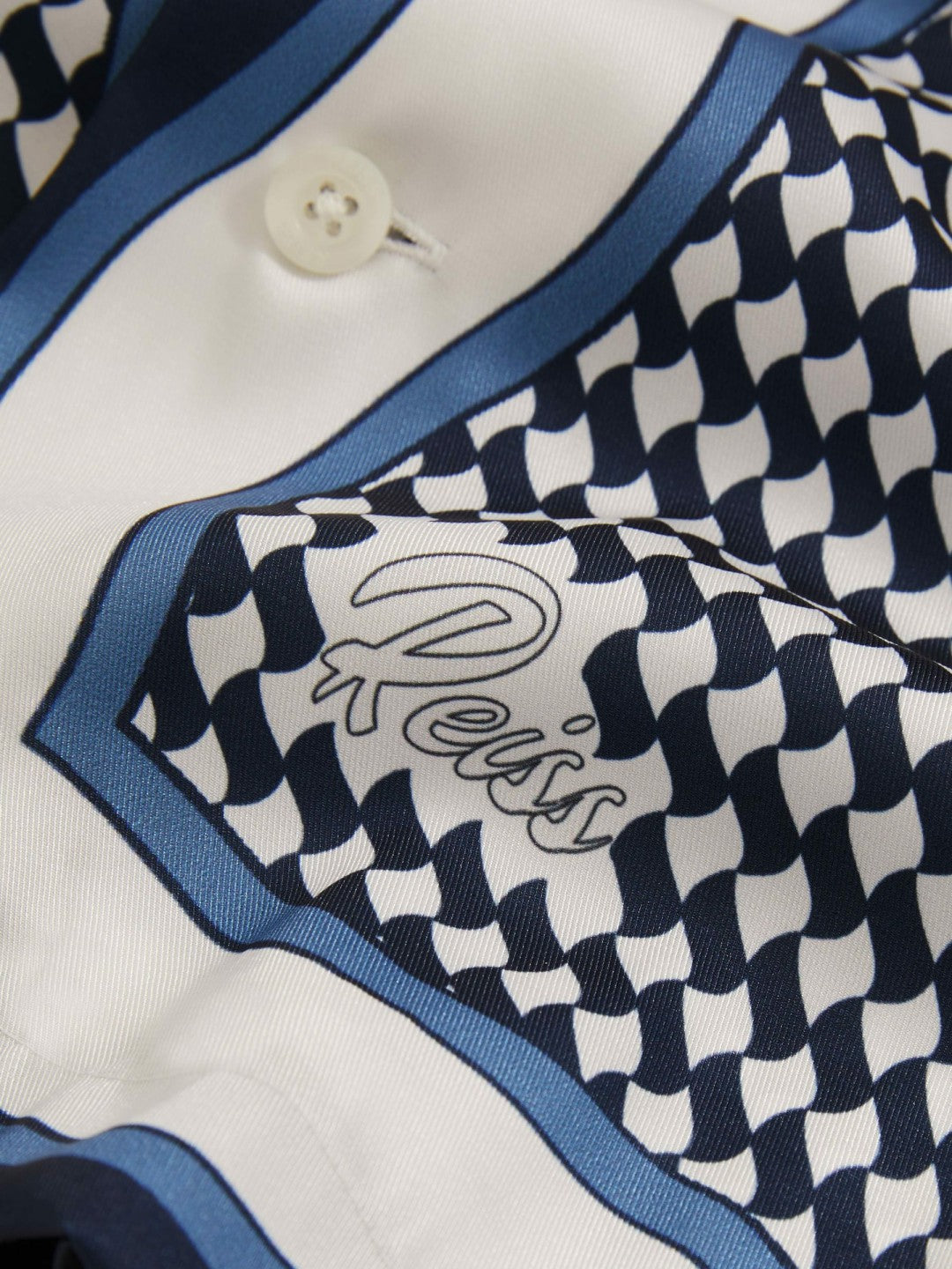 Reiss | Geometric-Print Cuban-Collar Shirt in White/Navy