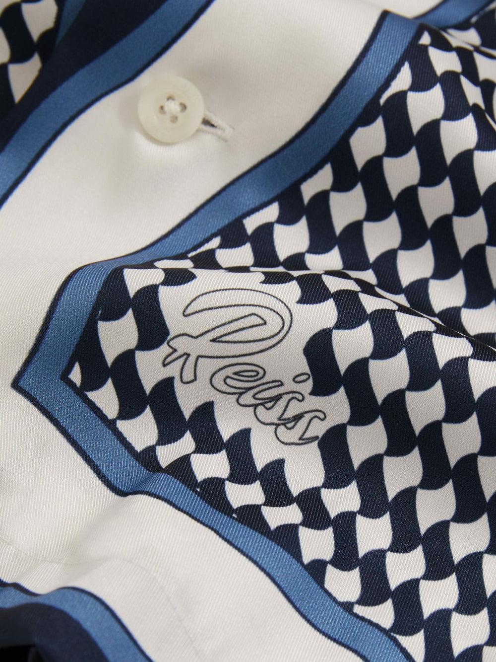 Reiss | Geometric-Print Cuban-Collar Shirt in White/Navy