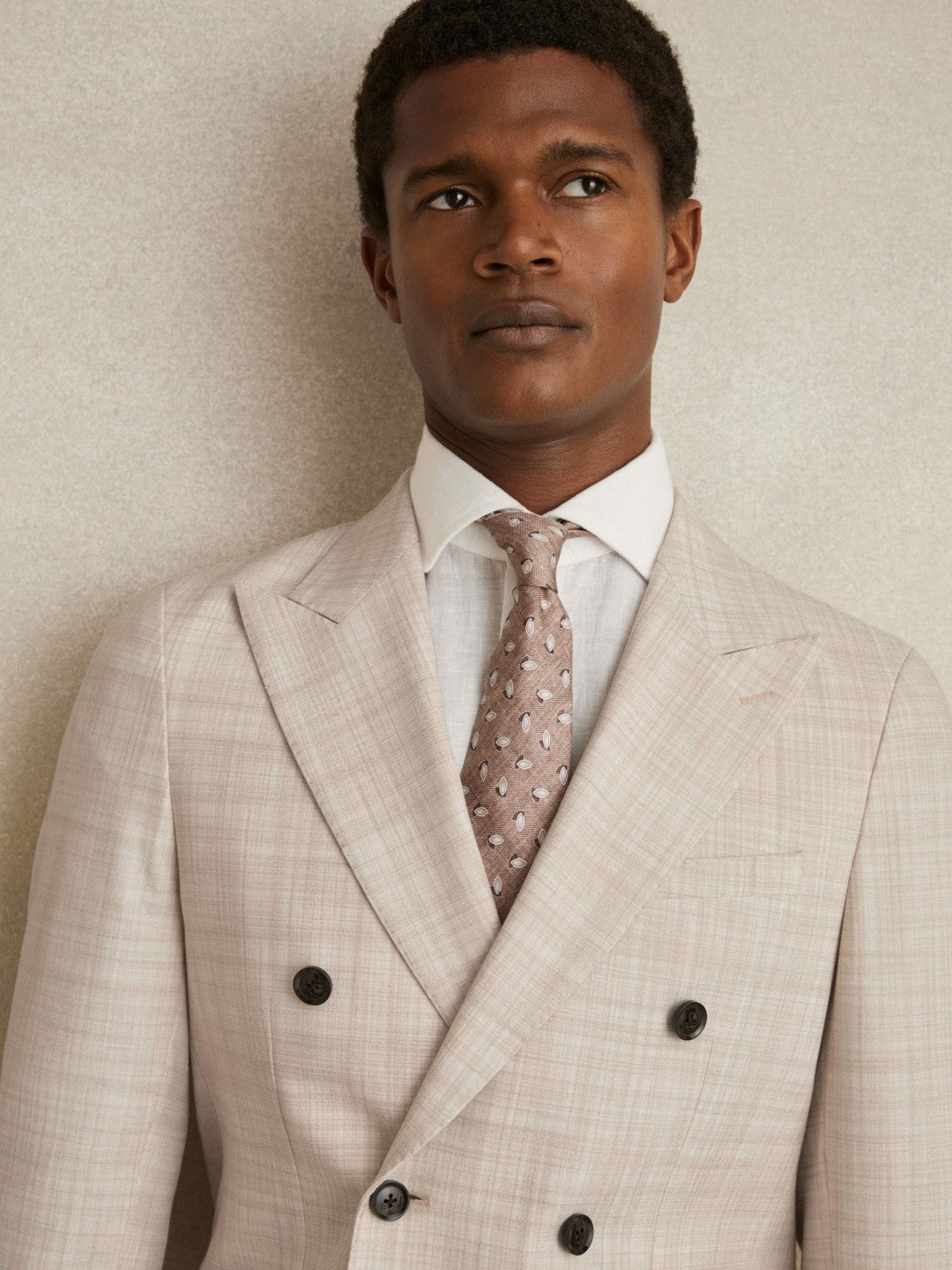 Reiss | Double-Breasted Check Suit Blazer Regular-Fit in Stone