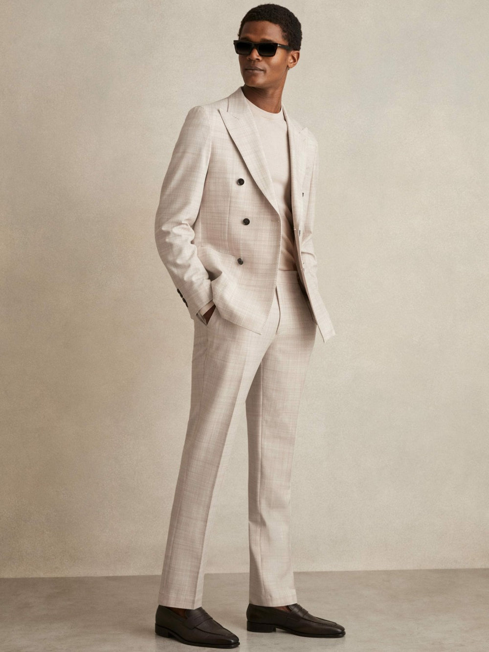 Reiss | Double-Breasted Check Suit Blazer Regular-Fit in Stone