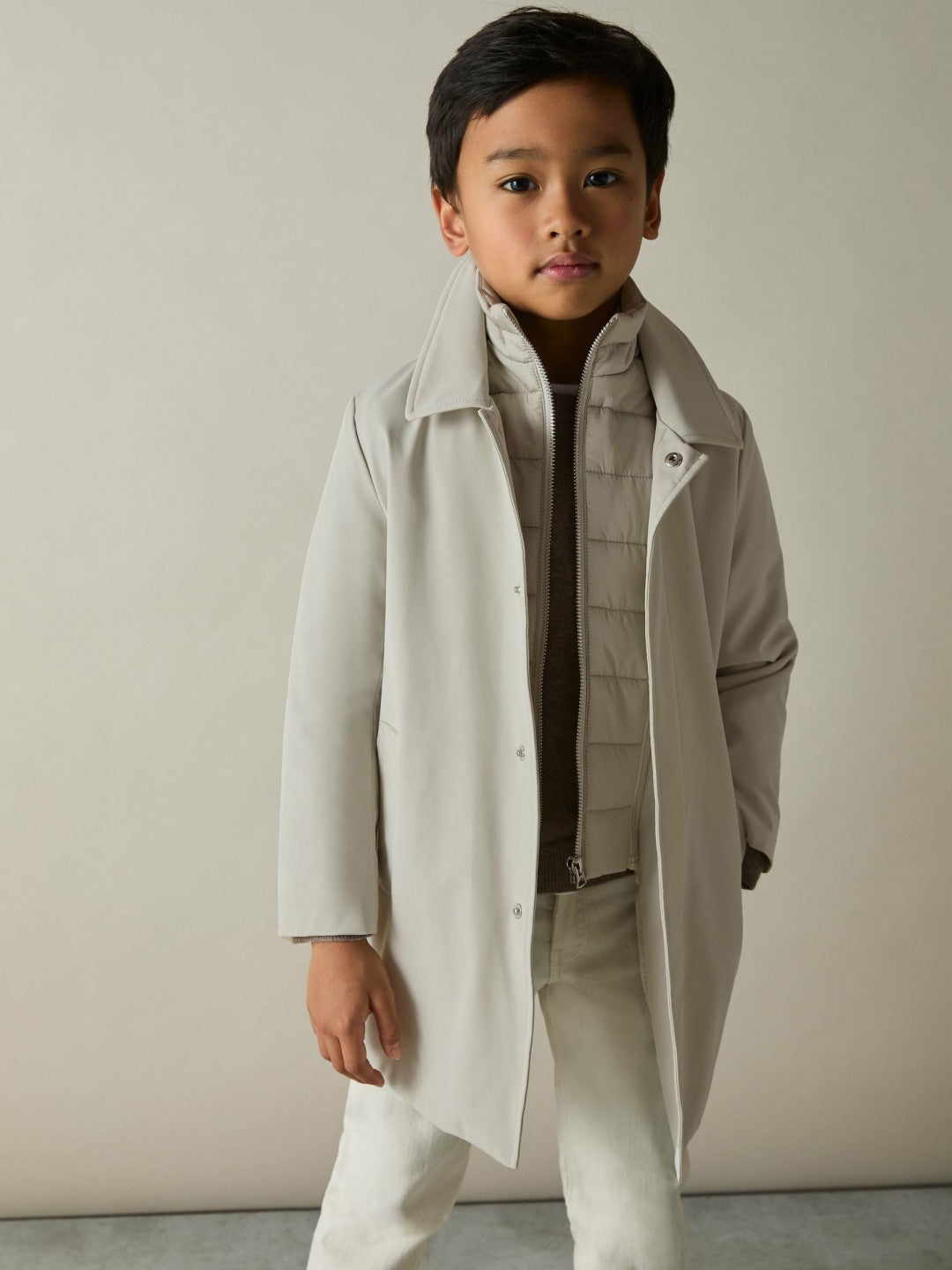 Reiss | 9-13 yrs Gabardine Coat with Removable Gilet in Stone