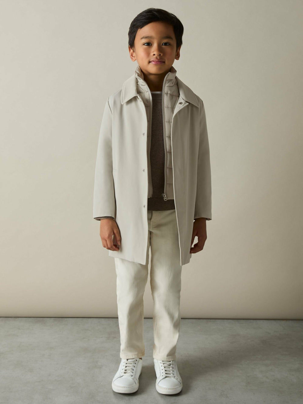 Reiss | 13-14 yrs Gabardine Coat with Removable Gilet in Stone