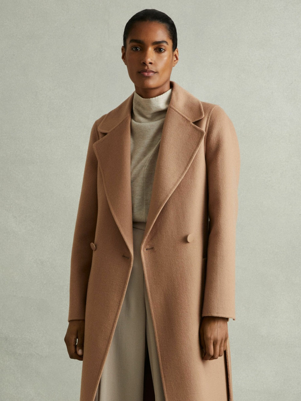 Reiss | Petite Wool Blend Double Breasted Blindseam Coat in Light Camel