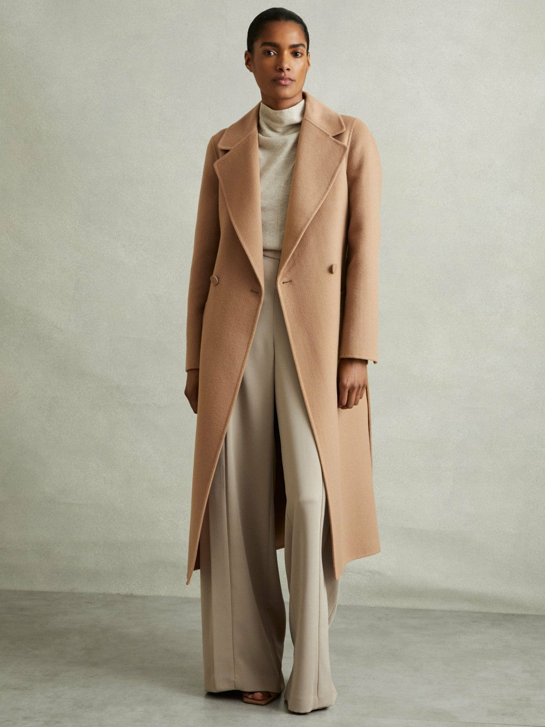 Reiss | Petite Wool Blend Double Breasted Blindseam Coat in Light Camel