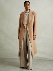 Reiss | Petite Wool Blend Double Breasted Blindseam Coat in Light Camel