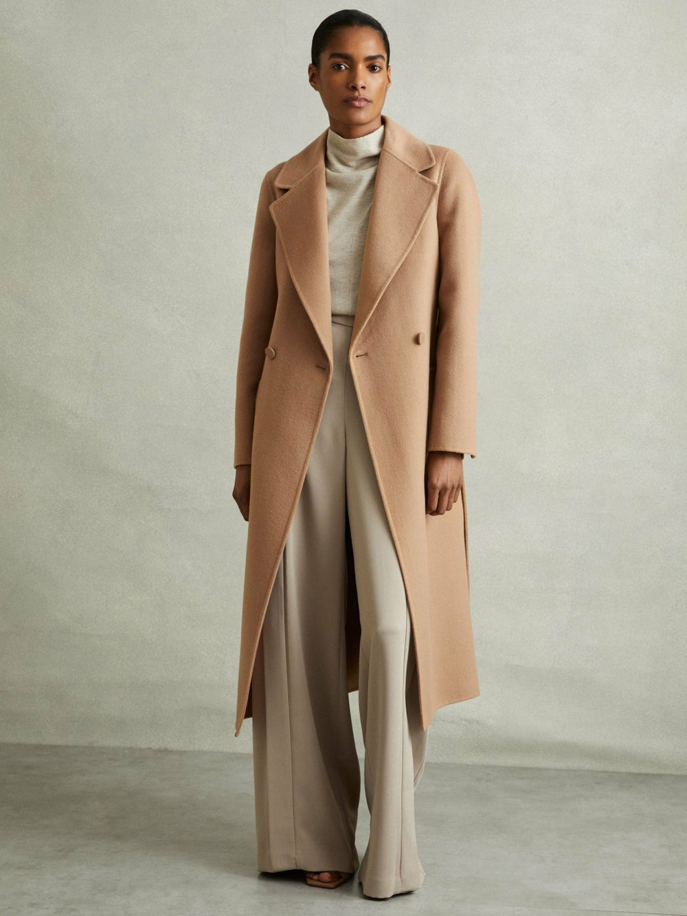Reiss | Wool Blend Double Breasted Blindseam Coat in Light Camel