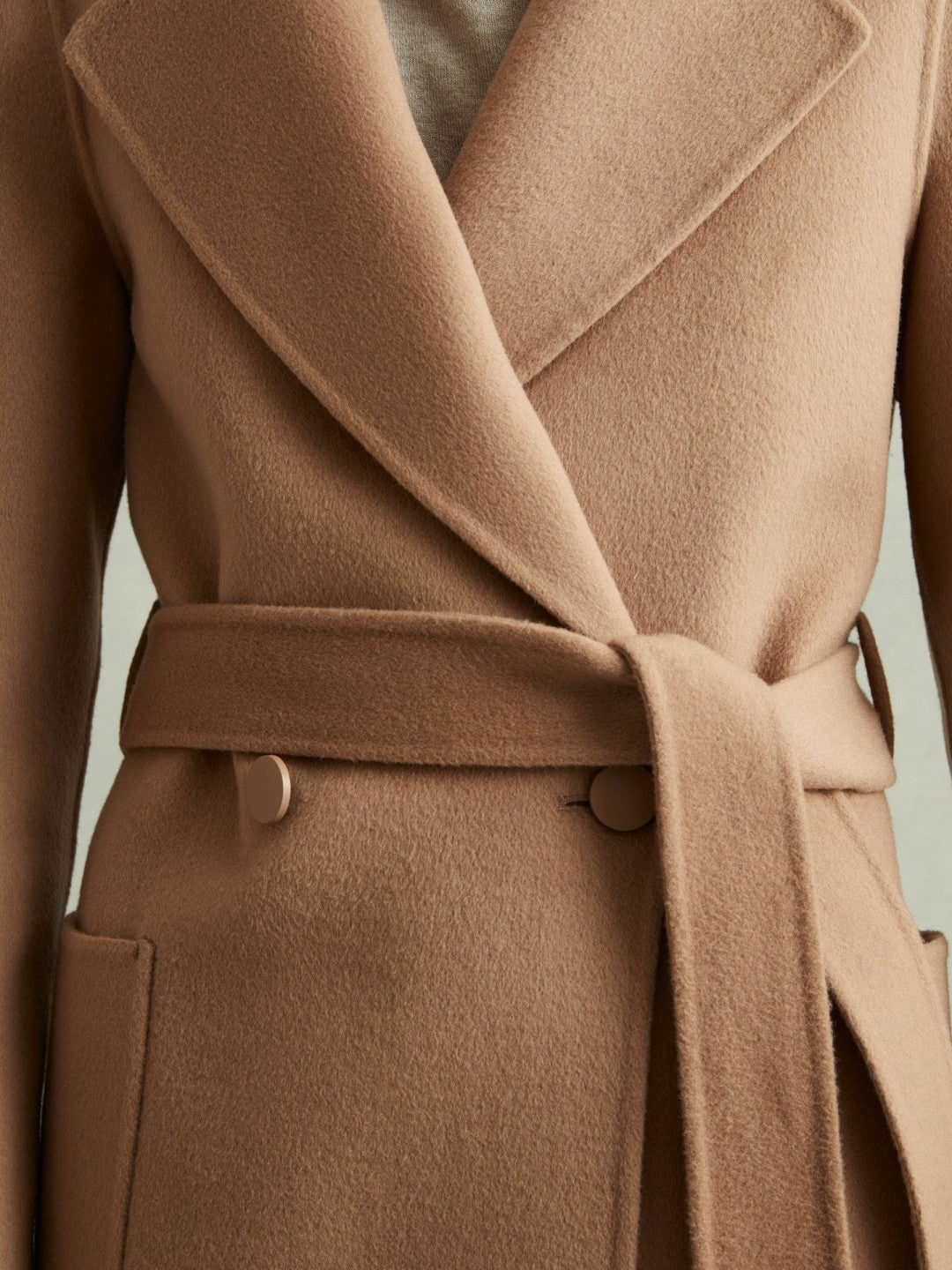 Reiss | Wool Blend Double Breasted Blindseam Coat in Light Camel