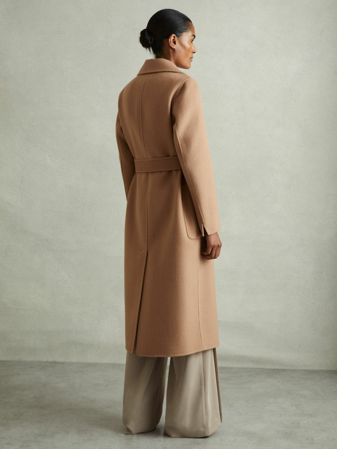 Reiss | Wool Blend Double Breasted Blindseam Coat in Light Camel