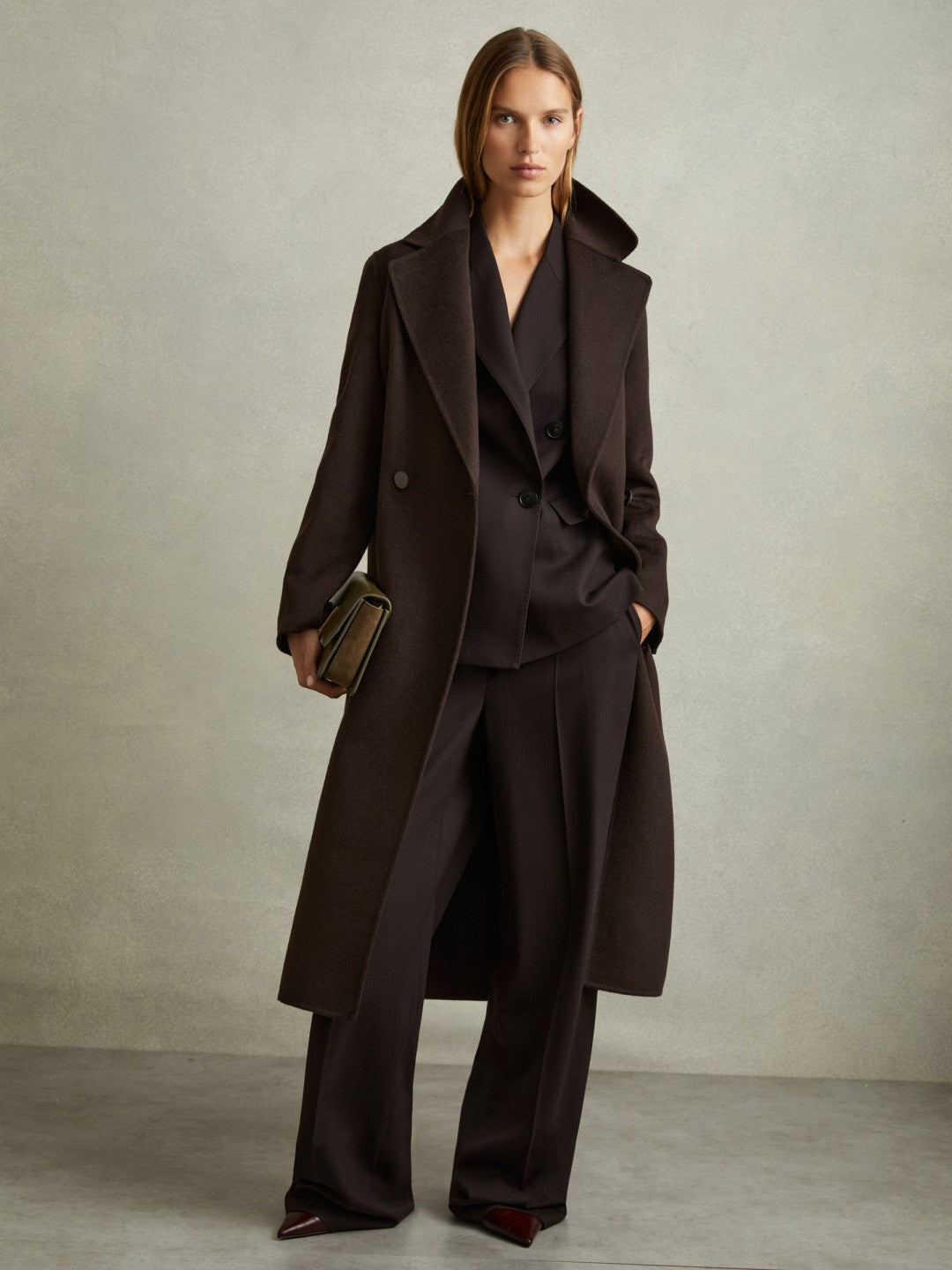 Reiss | Wool Blend Double Breasted Blindseam Coat in Chocolate