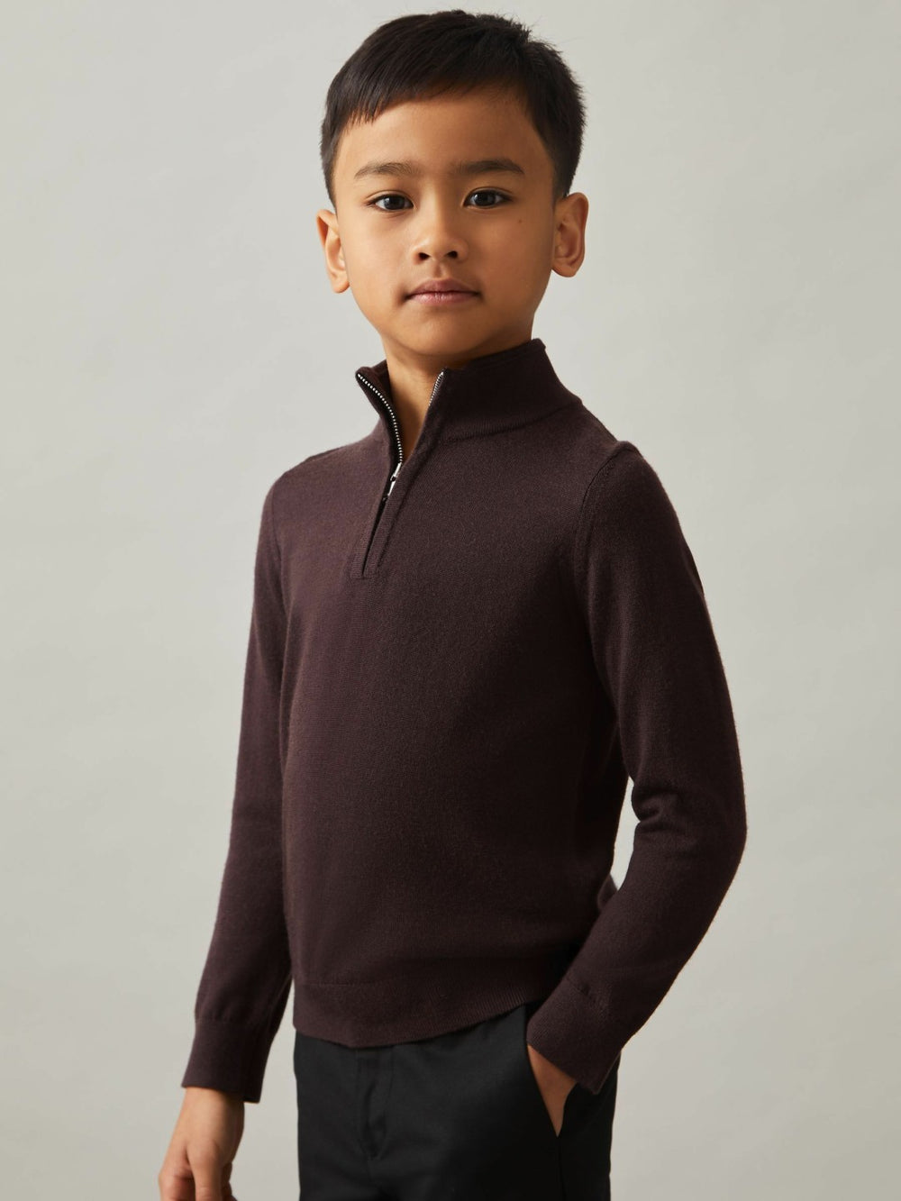 Reiss | 3-9 yrs Merino Wool Half-Zip Funnel Neck Jumper in Dark Bordeaux