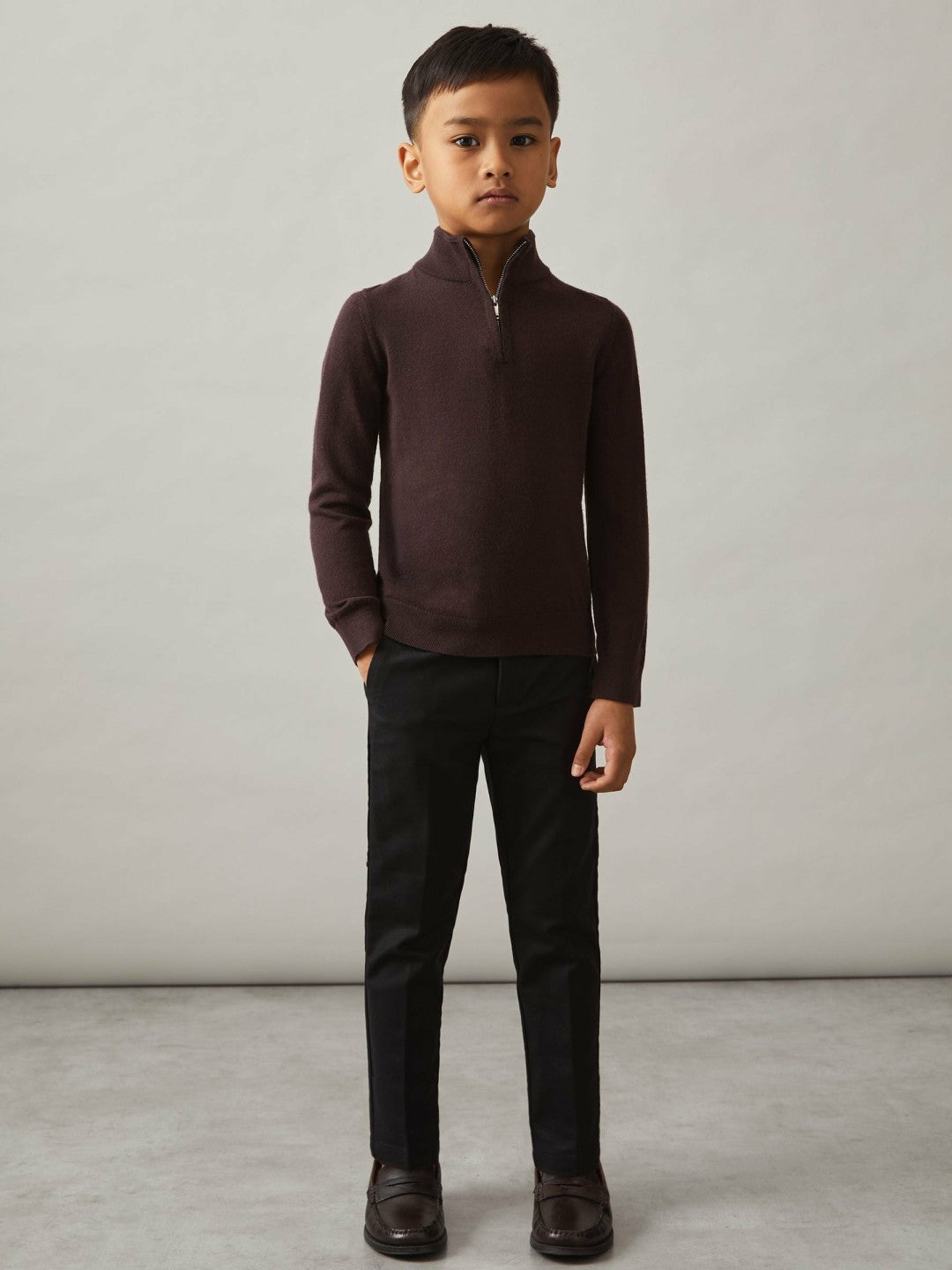 Reiss | 3-9 yrs Merino Wool Half-Zip Funnel Neck Jumper in Dark Bordeaux