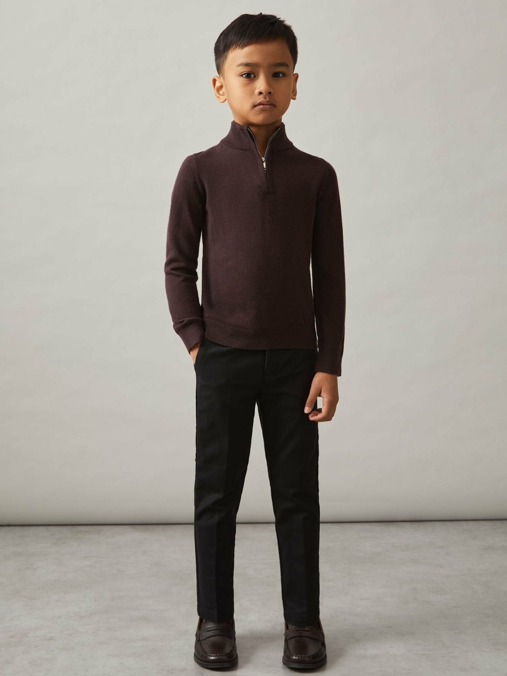 Reiss | 3-9 yrs Merino Wool Half-Zip Funnel Neck Jumper in Dark Bordeaux