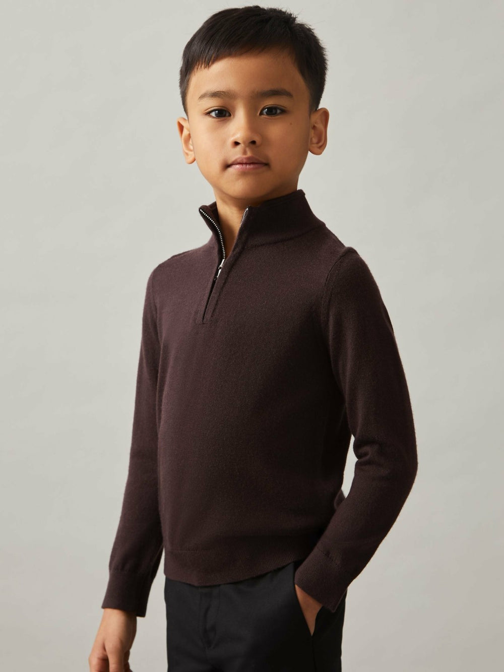 Reiss | 9-13 yrs Merino Wool Half-Zip Funnel Neck Jumper in Dark Bordeaux