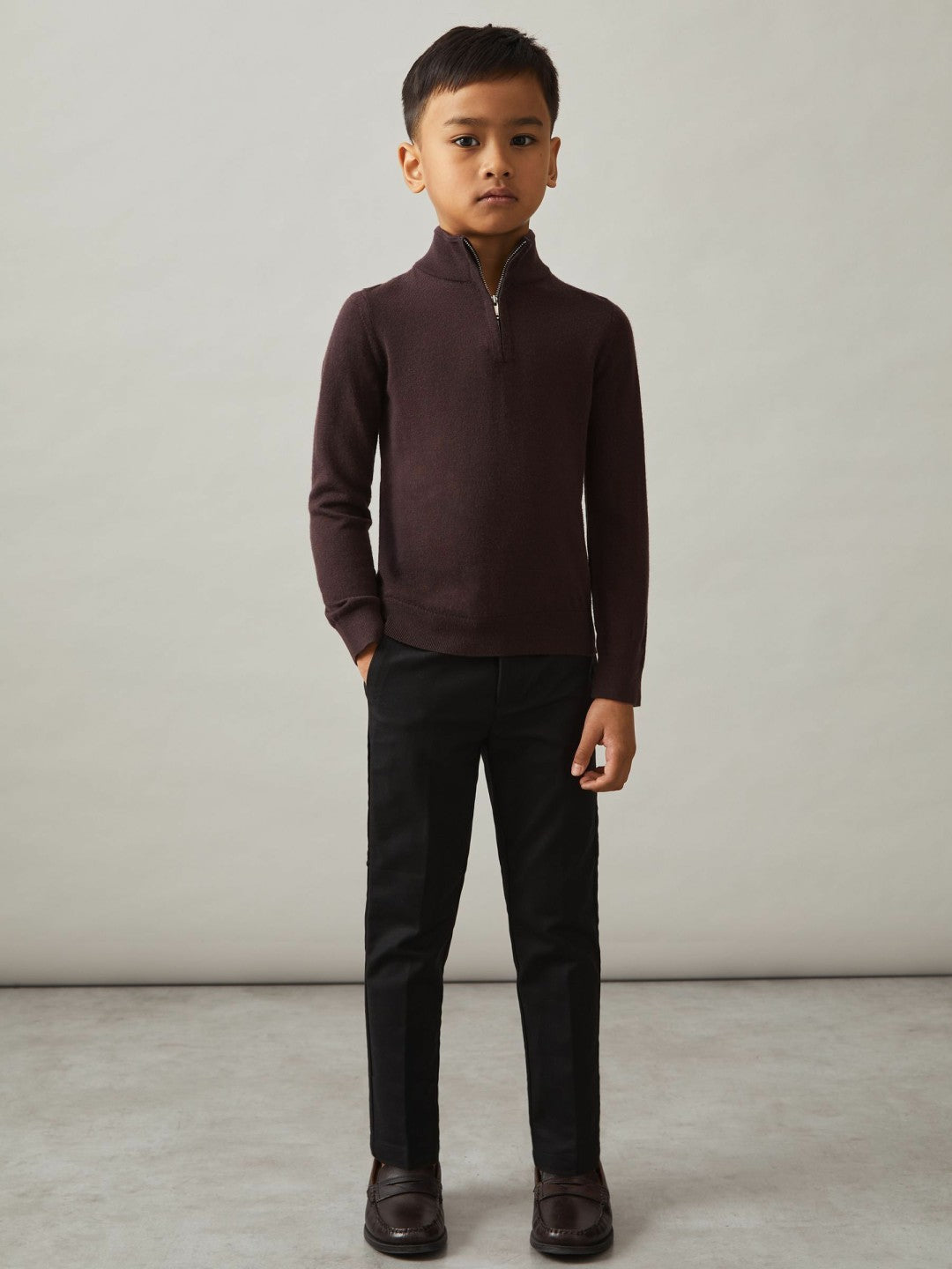 Reiss | 9-13 yrs Merino Wool Half-Zip Funnel Neck Jumper in Dark Bordeaux